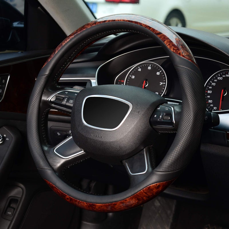 KAFEEK Wood Grain Steering Wheel Cover, Universal 15 inch, Microfiber Leather,Anti-Slip, Odorless - Image 3
